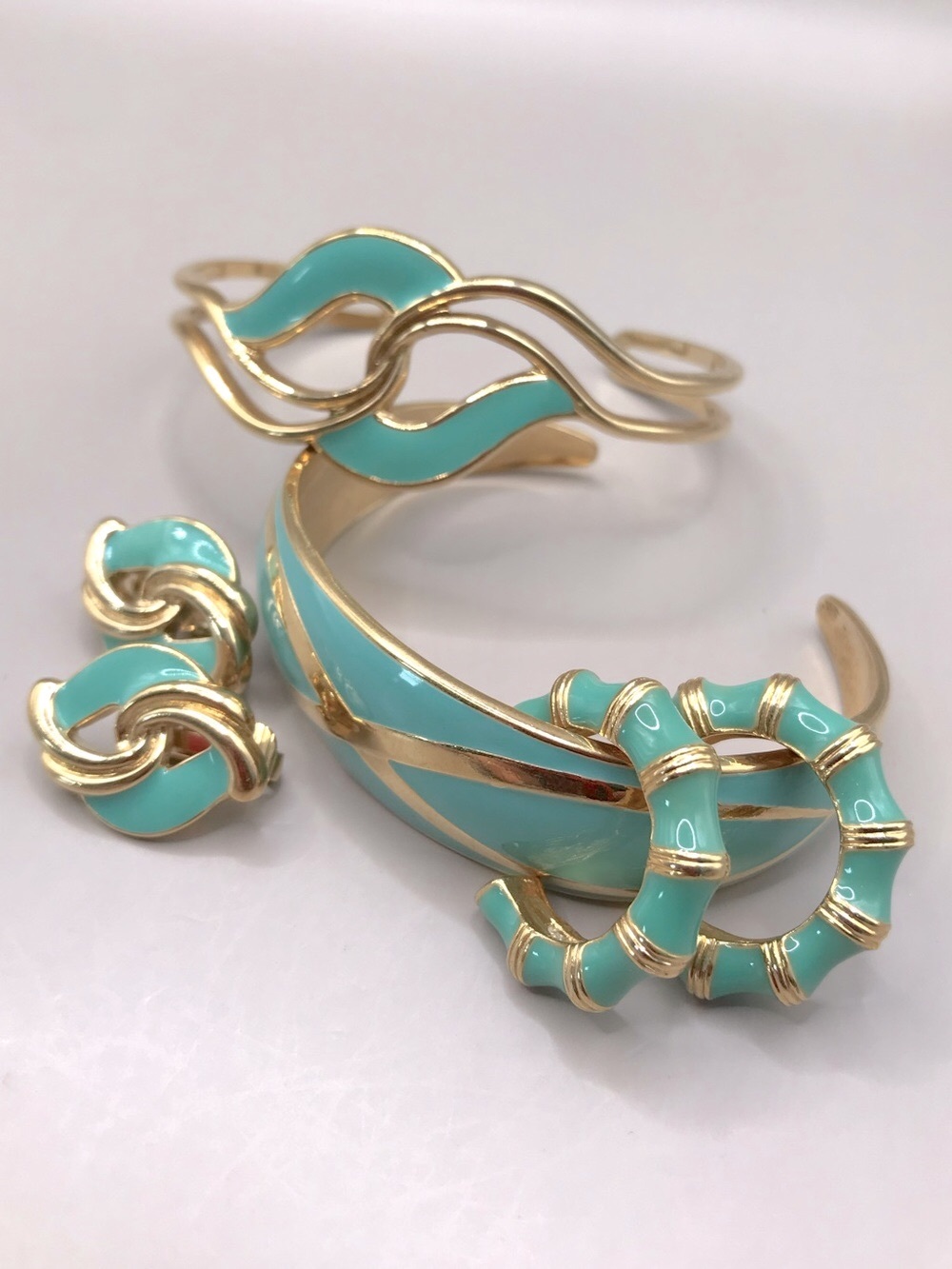 Gold-Tone Turquoise Enamel 2 Bracelet & 2 Pair of Earrings Set
